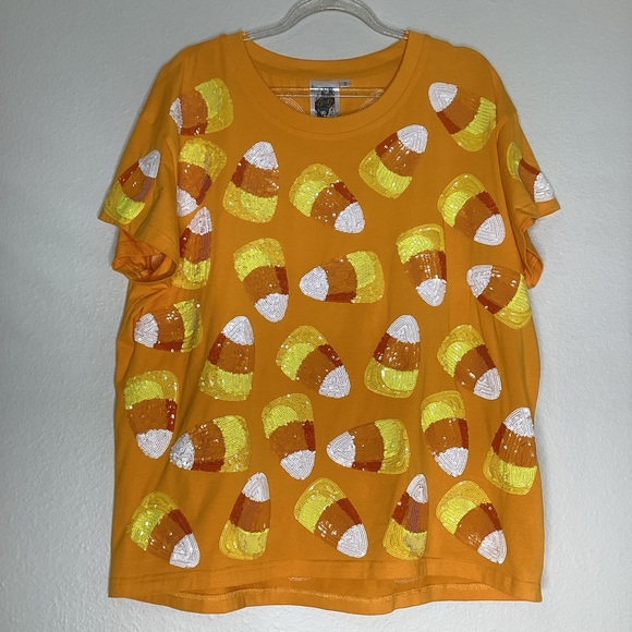 Queen of Sparkles Candy Corn Top Halloween Sequins Sm - Picture 2 of 9